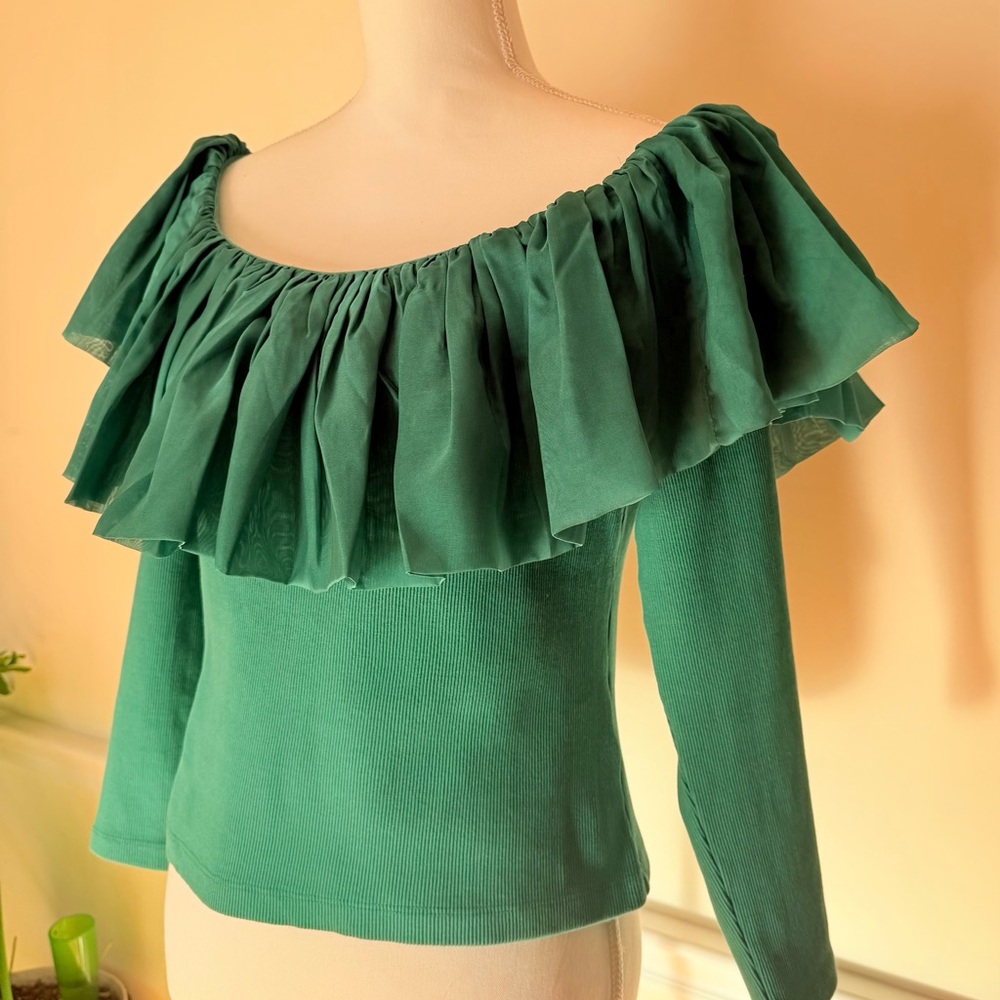 Anthropologie Teal Off‑Shoulder Ruffle Top L